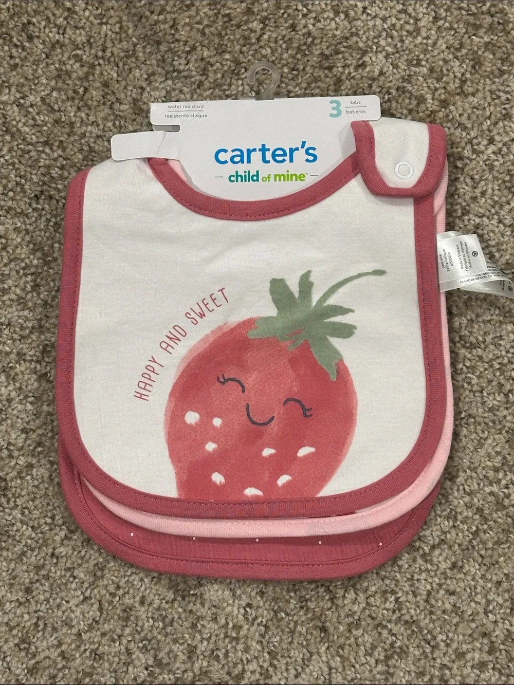 child of mine Rose Pink Strawberry Water Resistant Bib Set